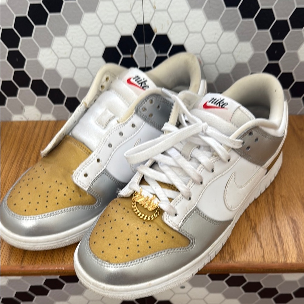 Nike Low Dunk: White, Gold, and Silver